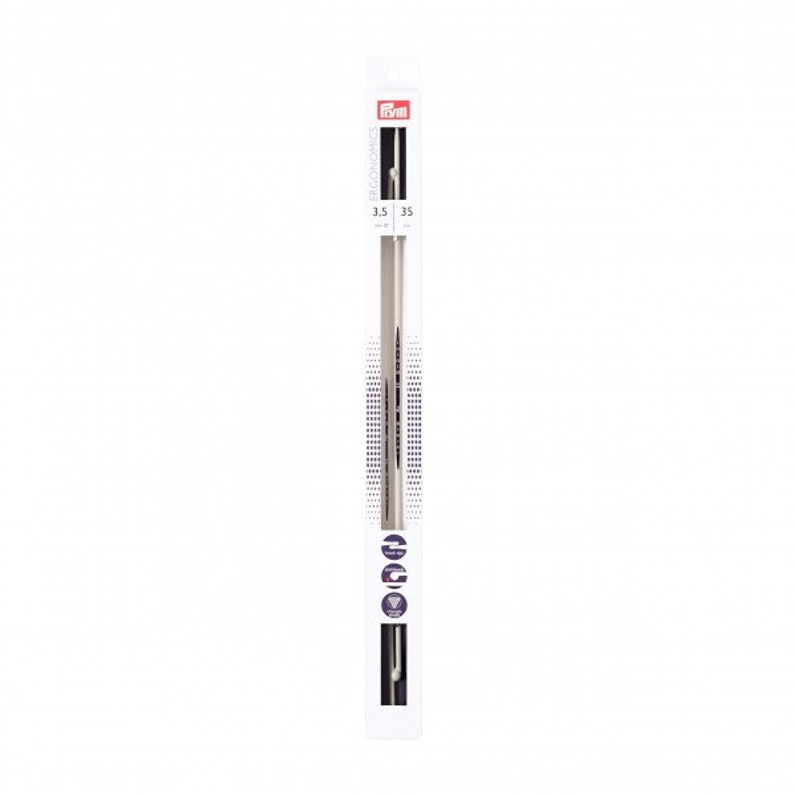 May include: A white and purple package containing a pair of silver knitting needles. The package has the text "Prym Ergonomic" and "3.5 35 cm" printed on it.