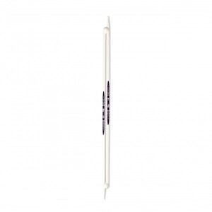 May include: A pair of white knitting needles with black and white markings. The needles are approximately 10 inches long.