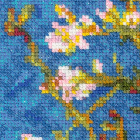 ゴッホ アーモンドの花 クロスステッチ刺繍 ハンドメイド完成品！自信作！！ カウントクロスステッチキット「アーモンドの花」（ゴッホの絵画「1698