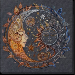 May include: A beaded artwork depicting a crescent moon and sun with a face. The moon is gold and brown with a female face. The sun is orange and brown with a face. The background is dark gray.