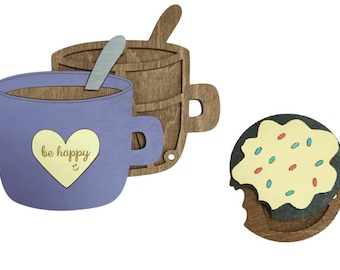 Plywood beads organizer - Cozy cup "Be happy" and needle case Cookie