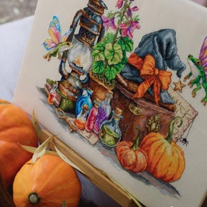 May include: A cross-stitch embroidery on fabric featuring a lantern, a potted plant, a dark hat with an orange bow, colorful potion bottles, two small winged creatures, and pumpkins. The design includes the text Merejka in the bottom corner.