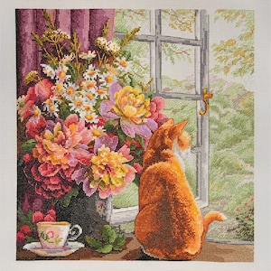 Summer afternoon, counted Cross stitch kit by Merejka K-86, ginger cat with bouquet on window