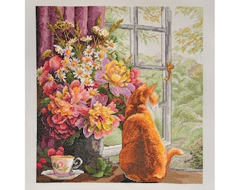 Summer afternoon, counted Cross stitch kit by Merejka K-86, ginger cat with bouquet on window