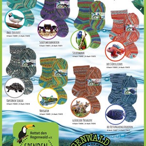May include: A promotional image showcasing various colorful Opal brand sock patterns. Each design is paired with a corresponding image of a creature or animal. The image also includes text about a donation to save the rainforest.