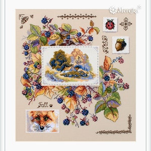 May include: Cross stitch pattern featuring an autumn scene with a house, trees, and berries. The pattern also includes a fox, a ladybug, and an acorn. The text "Fall" is included in the pattern.
