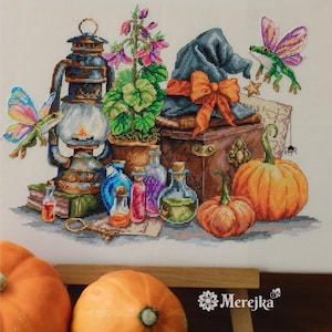 May include: A cross-stitch embroidery featuring a lantern, a potted plant, a dark hat with an orange bow, two pumpkins, and two winged frogs. Several small glass bottles with colored liquids, a key, and a spider are also depicted in the scene.