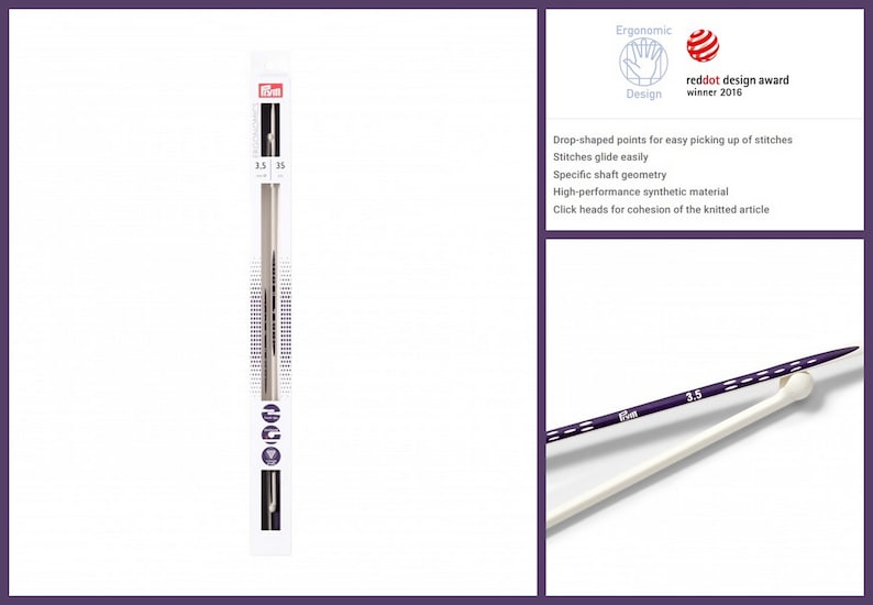 May include: A pair of 3.5 mm knitting needles with purple and white accents. The needles are made of a high-performance synthetic material and have click heads for cohesion of the knitted article. The packaging includes the text "Ergonomic Design" and "reddot design award winner 2016".