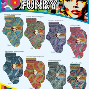 May include: An advertisement for Opal Funky socks, showcasing various patterned socks and matching yarn balls. The image features the word "FUNKY" in large letters, along with the Opal brand logo and product names. The socks are in various colours.