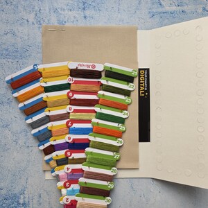 May include: A cross stitch kit featuring a beige Aida fabric square and multiple cardboard thread organizers holding various colored embroidery floss. The organizers are numbered and include a black card with the text YOUR CHART IS DIGITAL!