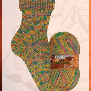 Puede incluir: Un par de calcetines coloridos con un esquema de color amarillo, verde, morado y rosa. Los calcetines están hechos con hilo Opal Country, que es de 100g y 425m.