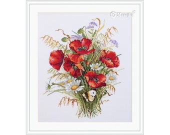 May include: Cross-stitch image of a colourful bouquet featuring red poppies, white daisies, and purple wildflowers. The bouquet is tied with green stems and includes a small butterfly. The artwork is framed in a white border.