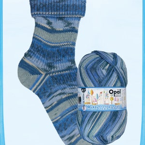 May include: A blue and white striped sock yarn ball with the text "Opal Crazy Waters 100g ca. 425m" on the label.