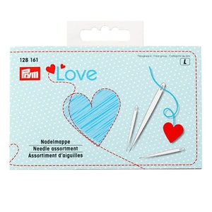 May include: A white package with a blue and red heart design. The package says "Love" and "Needle assortment".