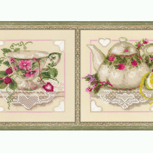 Cross stitch KITs - Tea cup and Tea pot by Riolis with cotton thread - 1476 and 1477