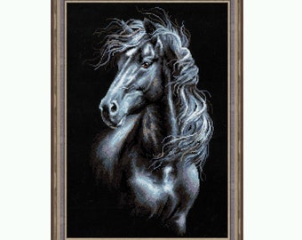 Horse Cross stitch kit - 1494 Breeze Through Mane by Riolis with cotton thread on black Aida