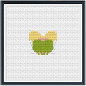 May include: A cross-stitch pattern of a butterfly with yellow, green, and pink colors.