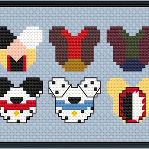 May include: Six different Disney character heads in a pixelated style. The characters are Mickey Mouse, Minnie Mouse, Donald Duck, Goofy, Pluto, and Dalmatian.
