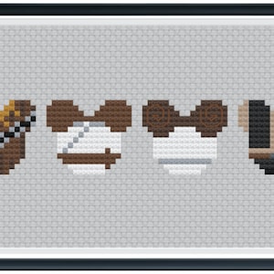 Può includere: Schema di punto croce con quattro personaggi di Star Wars: Han Solo, la principessa Leia, Luke Skywalker e Darth Vader. Ogni personaggio è rappresentato in uno stile semplice e pixelato.