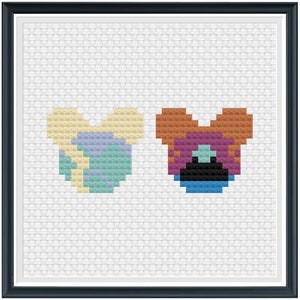 May include: Two pixel art hearts, one in shades of blue, green, and yellow, and the other in shades of orange, purple, and blue.