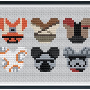 May include: Six Star Wars characters in a Mickey Mouse silhouette design. The characters are BB-8, Han Solo, Darth Vader, R2-D2, Stormtrooper, and Chewbacca.