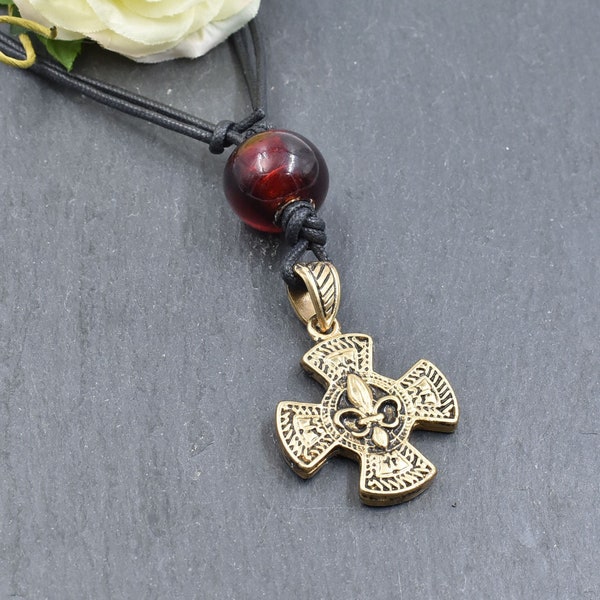Merovingian Fleur de Lys Necklace as Cross - French Lily Pendant with Lampwork Bead - Silver Plated and Gold Plated Finish