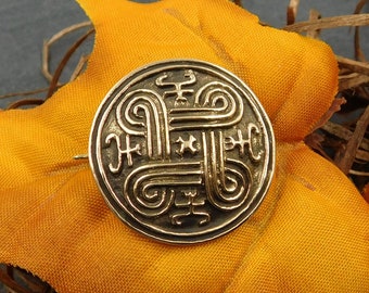 Viking brooch made of bronze, round fibula with shield knot, bronze brooch, medieval jewelry