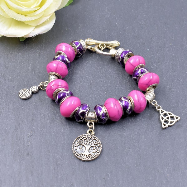 Europäisches Bettelarmband in Pink mit Lebensbaum - Keltisches Damen Modulperlen Armband mit Lampwork Perlen - Glasperlen Schmuck