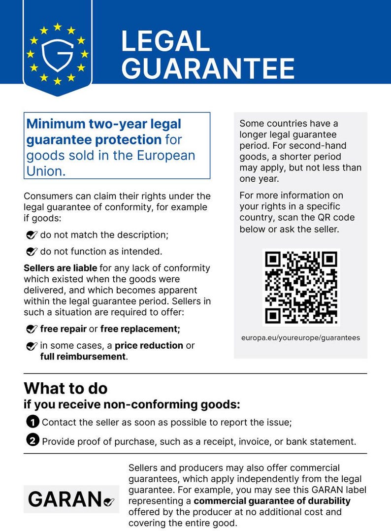 Warranty label with information about the statutory warranty for this item.