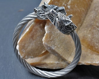 Viking bangle with wolf heads - Stainless steel bracelet - Wristband Gerri and Freki, Medieval jewelry, Fenris cuff