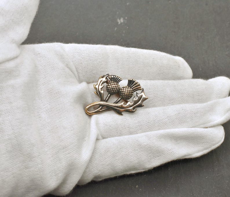 Puede incluir: Un broche met&aacute;lico con un dise&ntilde;o de dos cabezas de flor de cardo con patrones texturizados en forma de rejilla en la parte superior, acompa&ntilde;adas por dos hojas estilizadas y dentadas que se curvan a lo largo de la base de los tallos.