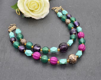 Collier broche style viking | Collier viking avec perles de verre turquoise et violettes | Bijoux vikings | Reconstitution historique | GN | Médiéval