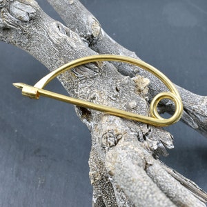 Può includere: Uno spillo di sicurezza dorato con un'estremità arrotondata. Lo spillo è appoggiato su un pezzo di legno invecchiato.