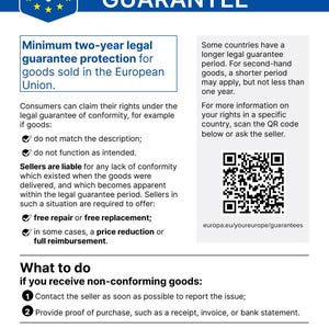 Warranty label with information about the statutory warranty for this item.