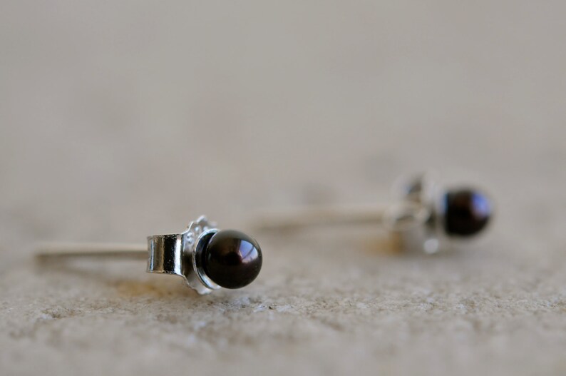 discreet elegance barely there comfort tiny black pearl earring studs fine tiny round pearl studs 2.5 mm black pearl on sterling silver