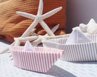 Pair of fabric boats, Nautical decor, fabric origami, paper boats, origami boats, stripes fabric, beach decor, boat mobile, new home, mobile