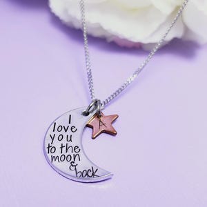 I Love You To The Moon And Back Initial Necklace • Custom Hand Stamped Necklace • Personalized Charm Necklace • Personalized Gift Necklace