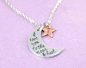 I Love You To The Moon And Back Necklace • Custom Necklace • Hand Stamped Necklace • Moon Charm Necklace • Metal Stamped • Custom Jewelry