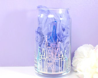 Holographic Disney Castle Cup • Beer Can Glass • Clear Glass Can • Cute Glass Cup • Iced Coffee Cup • 16oz Glass Cup • Disney Inspired