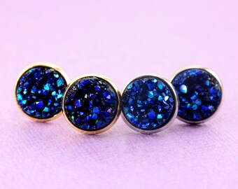 Black Blue Druzy Earrings • Druzy Stud Earrings • Drusy Earrings • Black And Gold Druzy  • Hypoallergenic Earrings • Blue Druzy Stud