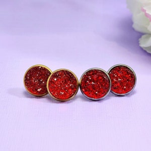 Ruby Red Druzy Earrings • Druzy Stud Earrings • Faux Druzy Earrings • Red And Gold Druzy  • Hypoallergenic Earrings • Druzy Stud Earrings