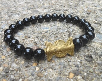 Eclipse Bead Bracelet // Unisex Bracelet // Gemstone Beads // Onyx and Brass Bracelet // Rasta Bracelet