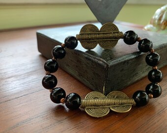 Ngu Bead Bracelet // Unisex Bracelet // Gemstone Beads // Onyx and Brass Bracelet // Rasta Bracelet