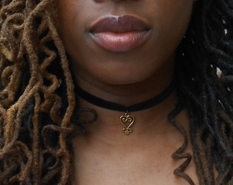 Black Suede Choker // Necklace // Adinkra // Sankofa Charm