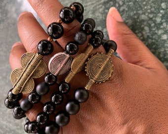 Naissa Bracelet Stack // Unisex Bracelet // Gemstone Beads // Onyx and Brass Bracelet // Rasta Bracelet