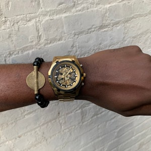Kwesi Bead Bracelet // Unisex Bracelet // Gemstone Beads // Onyx and Brass Bracelet // Rasta Bracelet