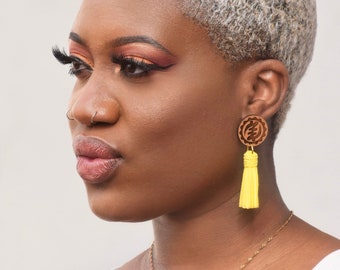 Yellow Short Adinkra Tassels // Afrocentric // Natural Wood // African and Caribbean Inspired Jewelry