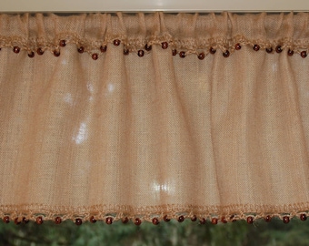 Natural burlap valance with crochet jute trim and wooden beads. Rustic, cottage chic window treatment. Custom made to order.