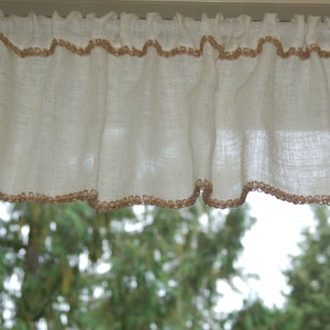 Ivory / White burlap valance with crochet jute trim in brown, red, green, natural, black etc Cottage chic window treatment. Custom made.