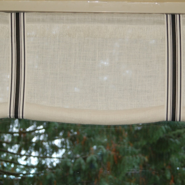 Custom valance with farmhouse barn stripe ribbon straps. Swedish blind, rollup curtain, swag valance in Ivory-White burlap. Custom made